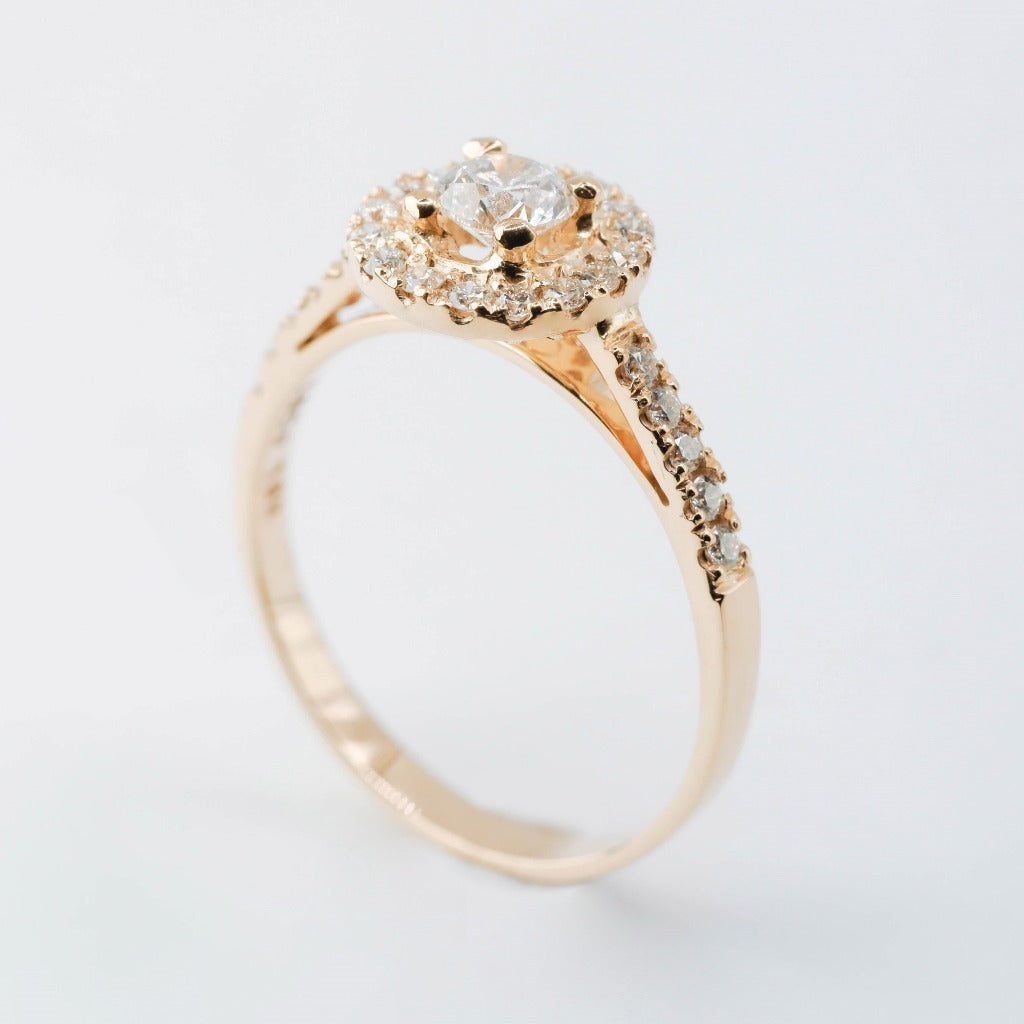 Round brilliant cut with 1ct center stone and round cut with .01ct in elegant halo setting. The stone in the photo is swiss stone by default. You can definitely upgrade your stone into moissanite or genuine diamond with GIA certification. Grams Approx: 3.5