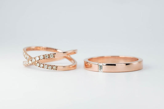 Groom: 10ct- 1pc, baguette, genuine diamond Bride: .01ct- 20pcs, genuine diamond