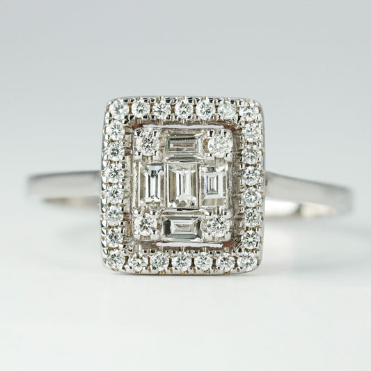 .03ct- 3pcs, center, baguette .02ct- 2pcs, center, baguette .01ct- 4pcs, center, round cut .008ct- 24pcs, halo, round cut