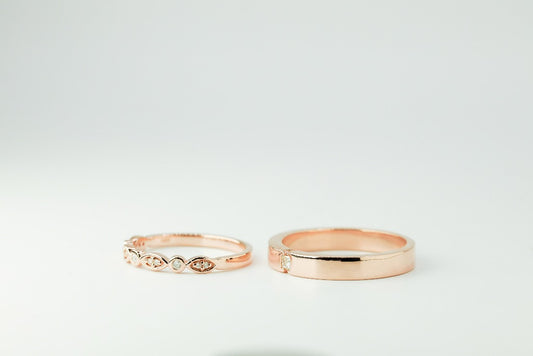 Groom: .05ct- princess cut, genuine diamond Bride: .01ct- 3pcs, bezel, .005ct- 8pcs, marquise