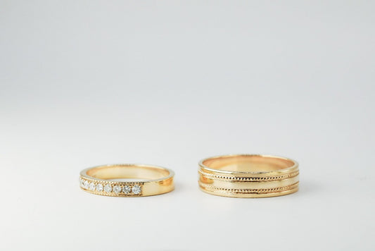 Bride: .02ct- 12pcs With milgrain Stone setting: Pave setting Groom: with milgrain, plain band